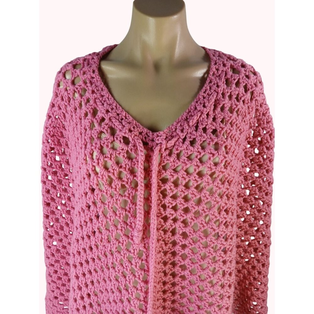 Bohemian Retro Light Pink Crochet Poncho Tie Adjustable Cottagecore Festival OS - Picture 3 of 6